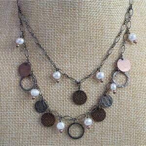 Silpada Mixed Metal Pearl Double Strand Necklace Sterling Silver Copper Brass